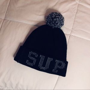Supreme Black & White Grid Logo Beanie with Pom